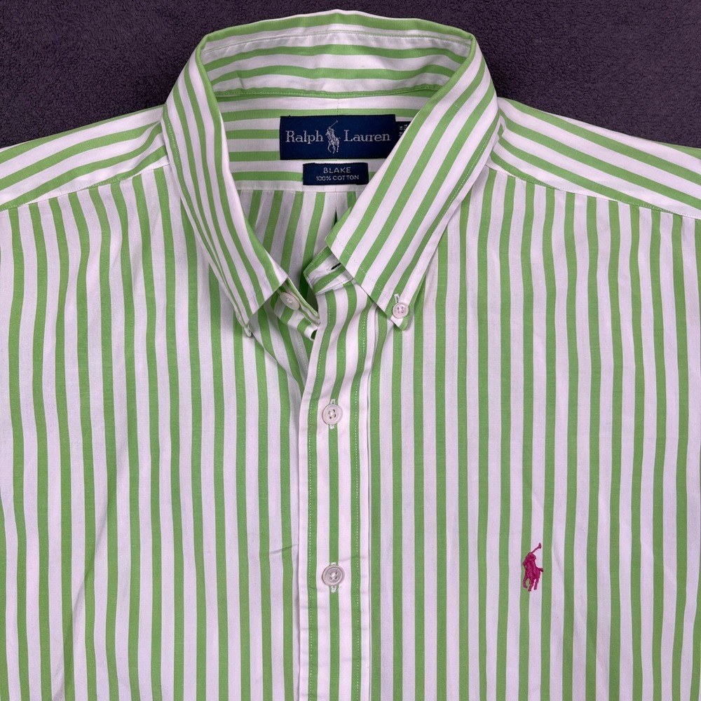 Ralph Lauren Blake Shirt Mens Large Green White Stripe Long Sleeve Button Down